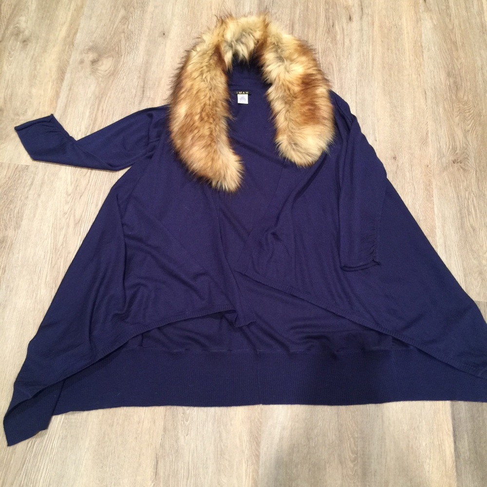 Open cascade cardigan faux fur collar IMAN